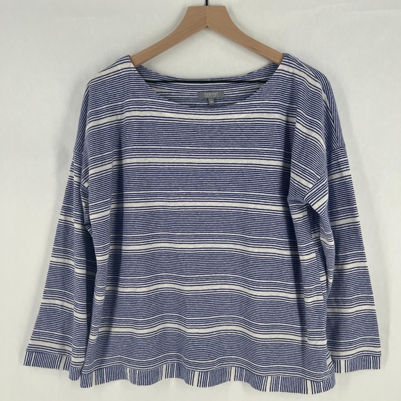 Habitat Tops - Habitat Shirt Womens Large Blue White Striped Linen Blend Classic Comfort